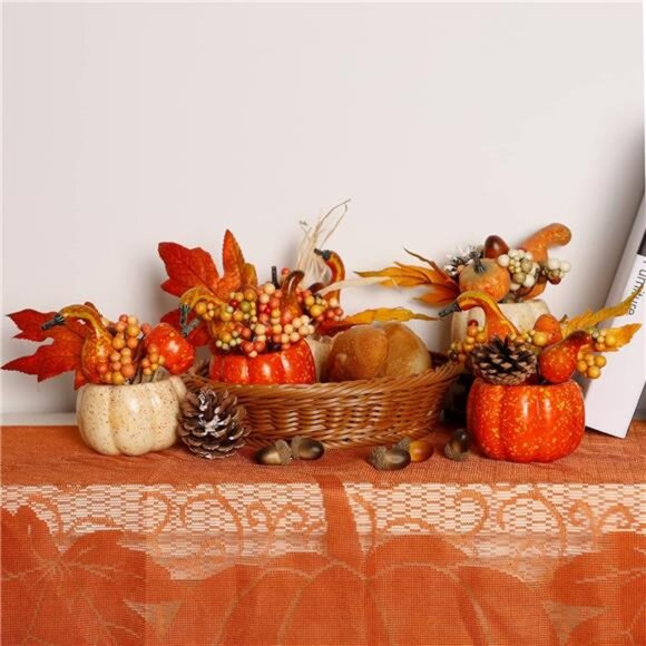 Set of 6 Artificial Pumpkin &‎ Pine Cone Decor - Thanksgiving Harvest Tabletop - Picture 5 of 7